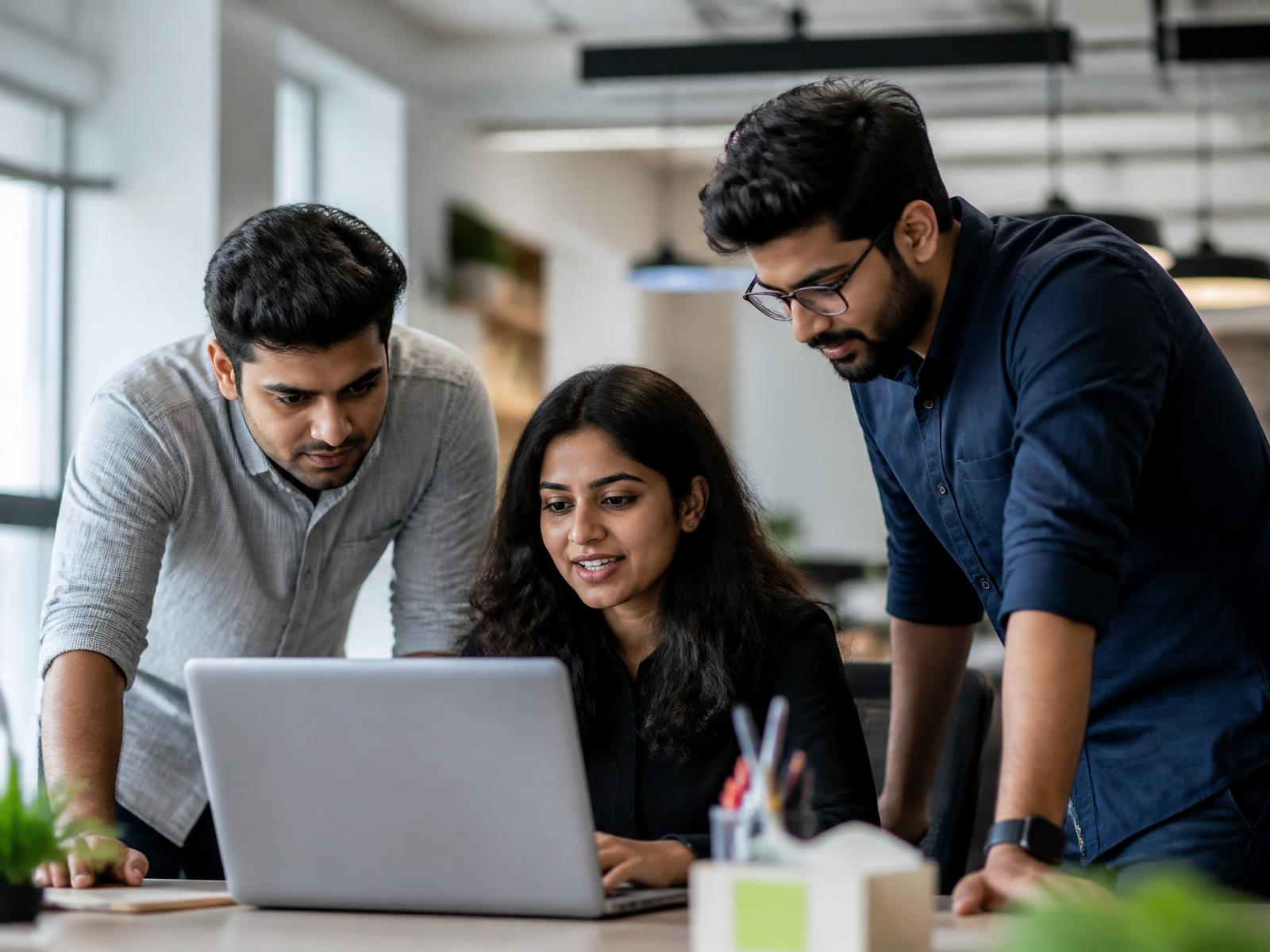 Young Indian professionals collaborating around a laptop in a modern IntelliNXT workspace