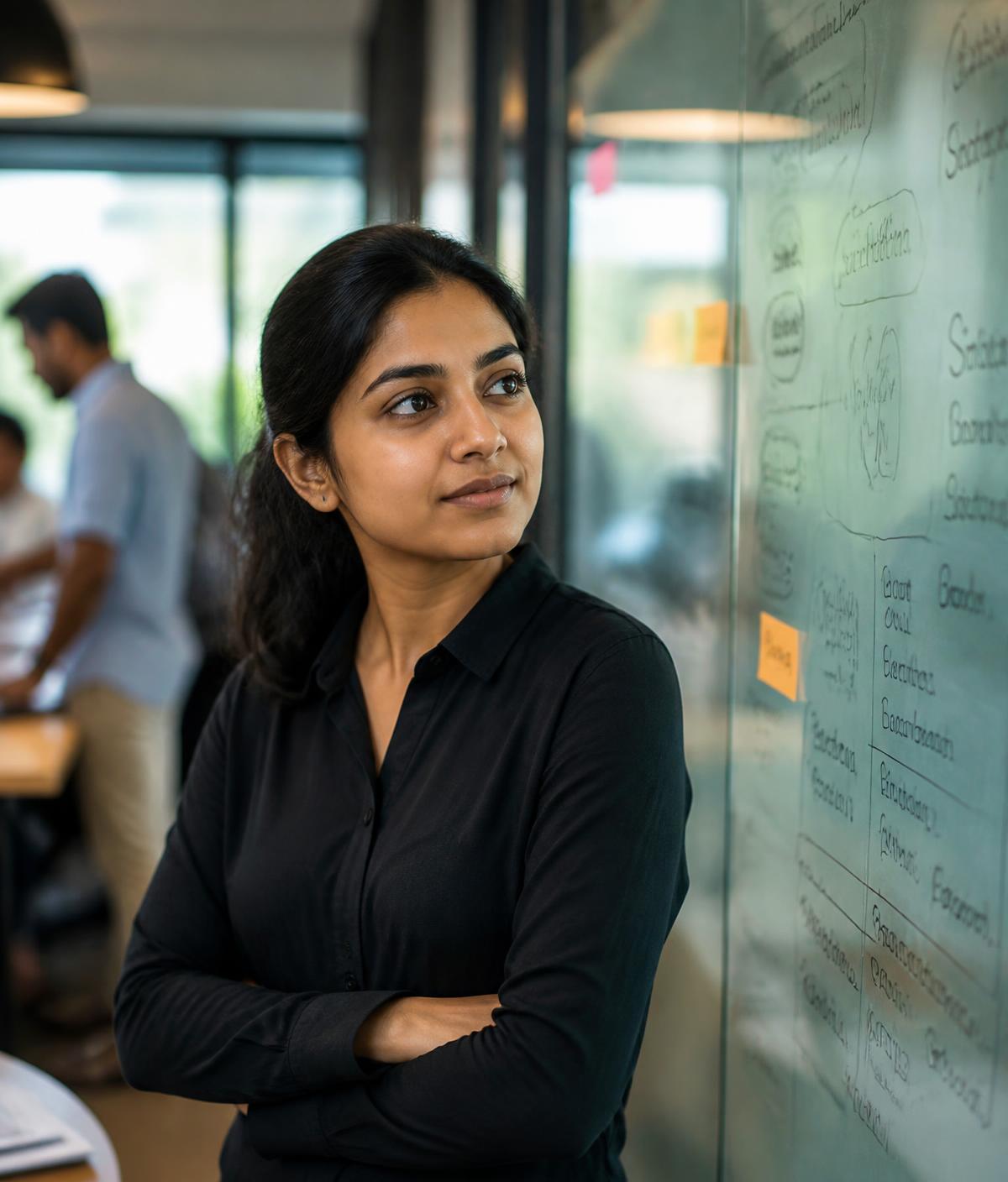 A young Indian professional thinking through ideas beside a workspace whiteboard